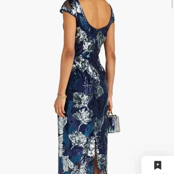 Marchesa Notte Blue Silver Sequin Floral Embellished Midi Dress 16 - Picture 5 of 6